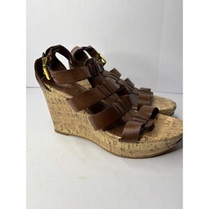 Chaps Brown Strappy Cork‎ Wedge Sandals Womens 6.5B Platform Buckle Gladiator